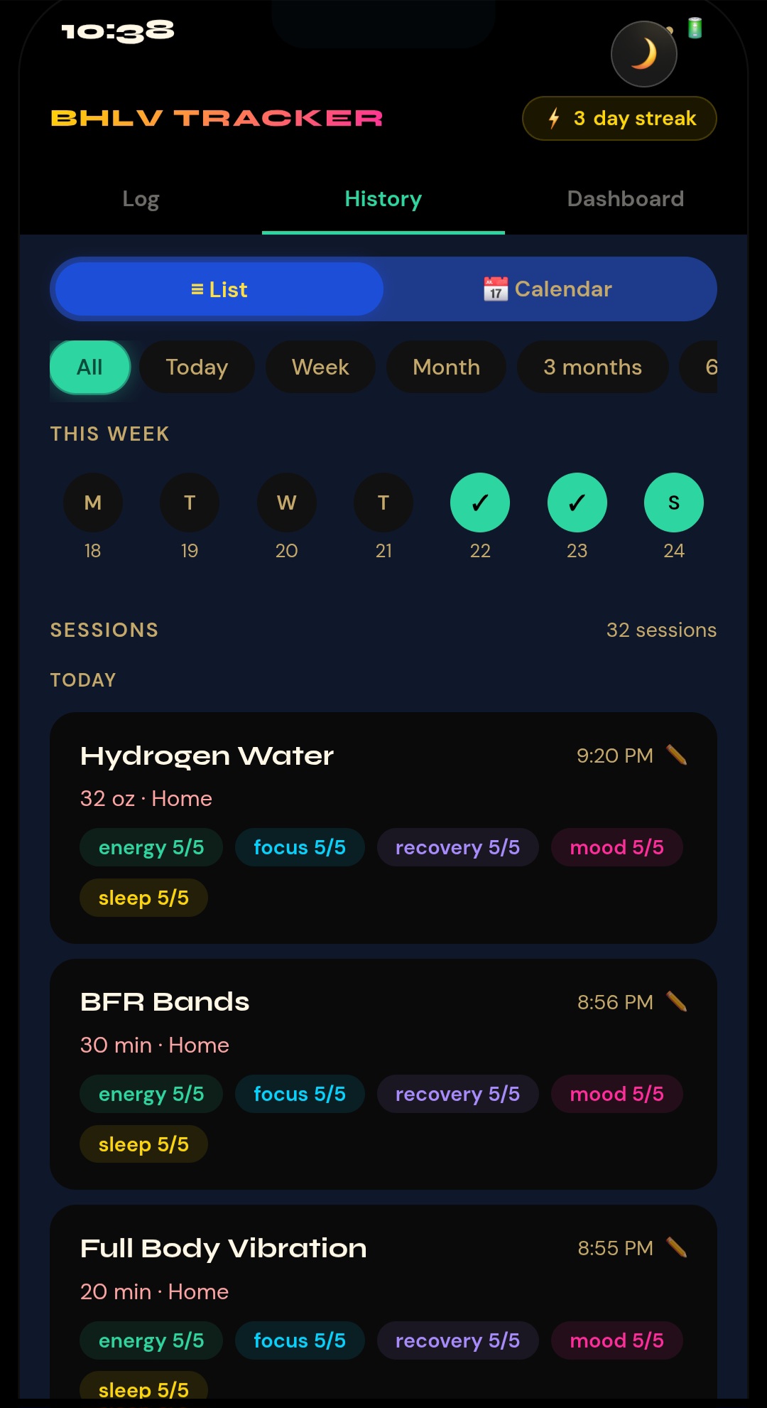 BHLV Tracker — sessions and streaks