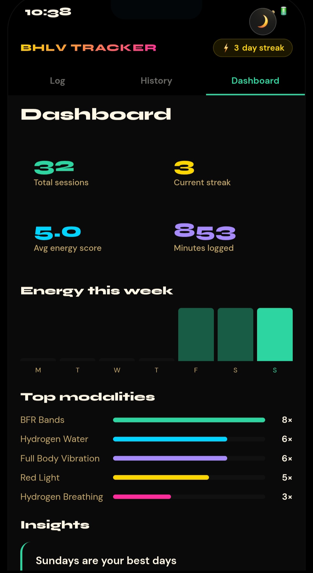 BHLV Tracker — full session log view